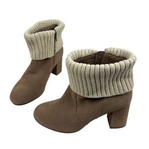 Torrid Womens Suede Knit Cuff Block Heel Ankle Booties Size 8W Tan Zip Boho Boot